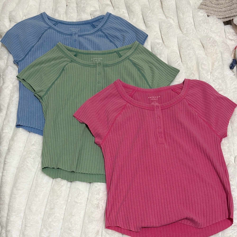 American Eagle Outfitters Ribbed Short Sleeve Tees - Pink, Green, Blue
